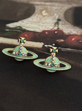 轻中古风锆石奶绿色滴釉西太后土星耳钉复古耳饰高级感轻奢耳环