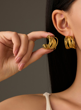 复古时髦高级感镂空多层立体绕线C形耳圈港风气质轻奢小众耳饰