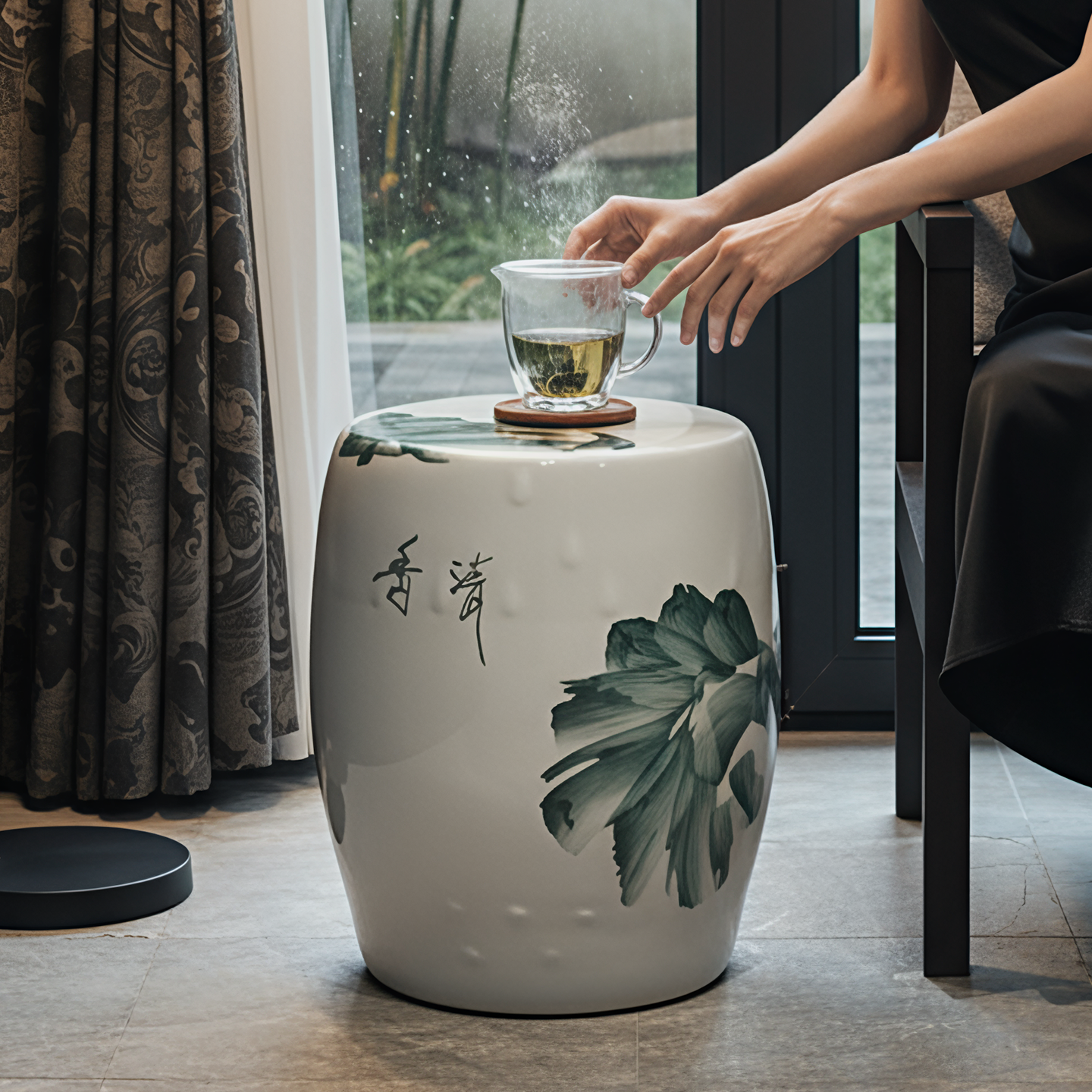 【荷气生财】景德镇陶瓷鼓凳摆件