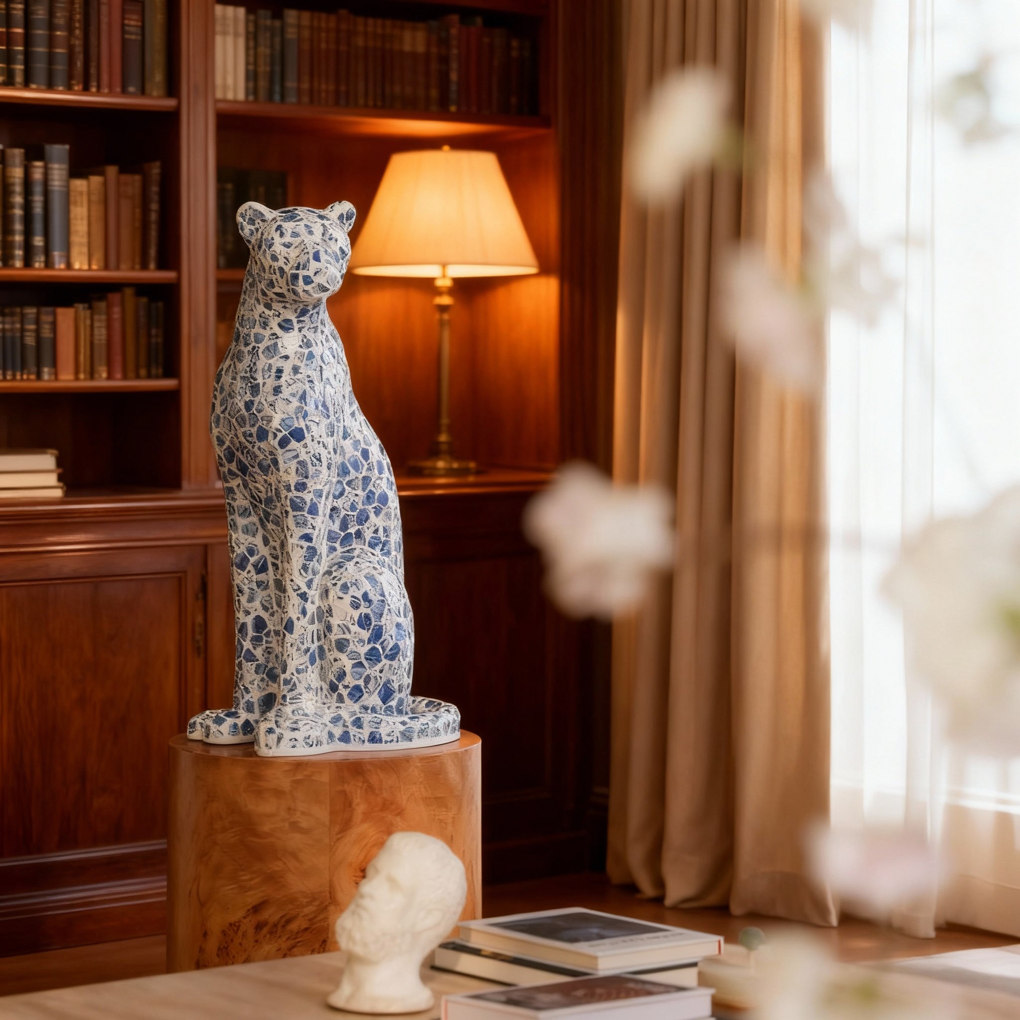 复古豹纹陶瓷雕塑摆件蓝白纹理客厅书房装饰品桌面工艺品