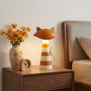 可爱狐狸造型台灯条纹橙色桌面摆件装 饰灯具