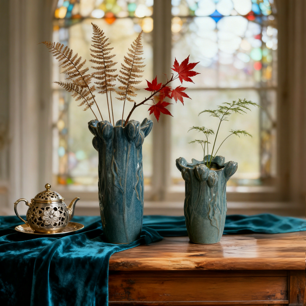 复古中式陶瓷花瓶荷叶边造型蓝色装饰花器家居摆件