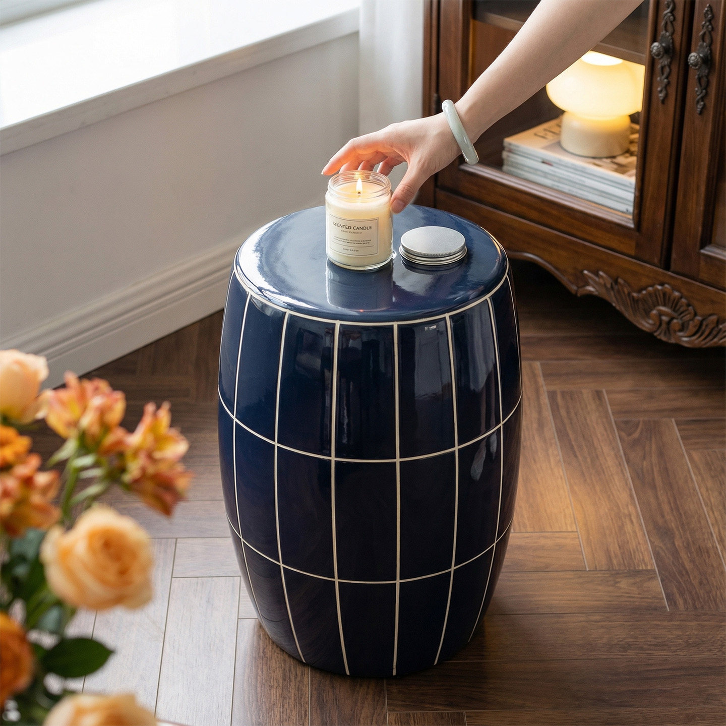 【釉蓝瓷凳】东方鼓墩绣墩客厅陶瓷凳子小边几家居落地摆件凉圆凳