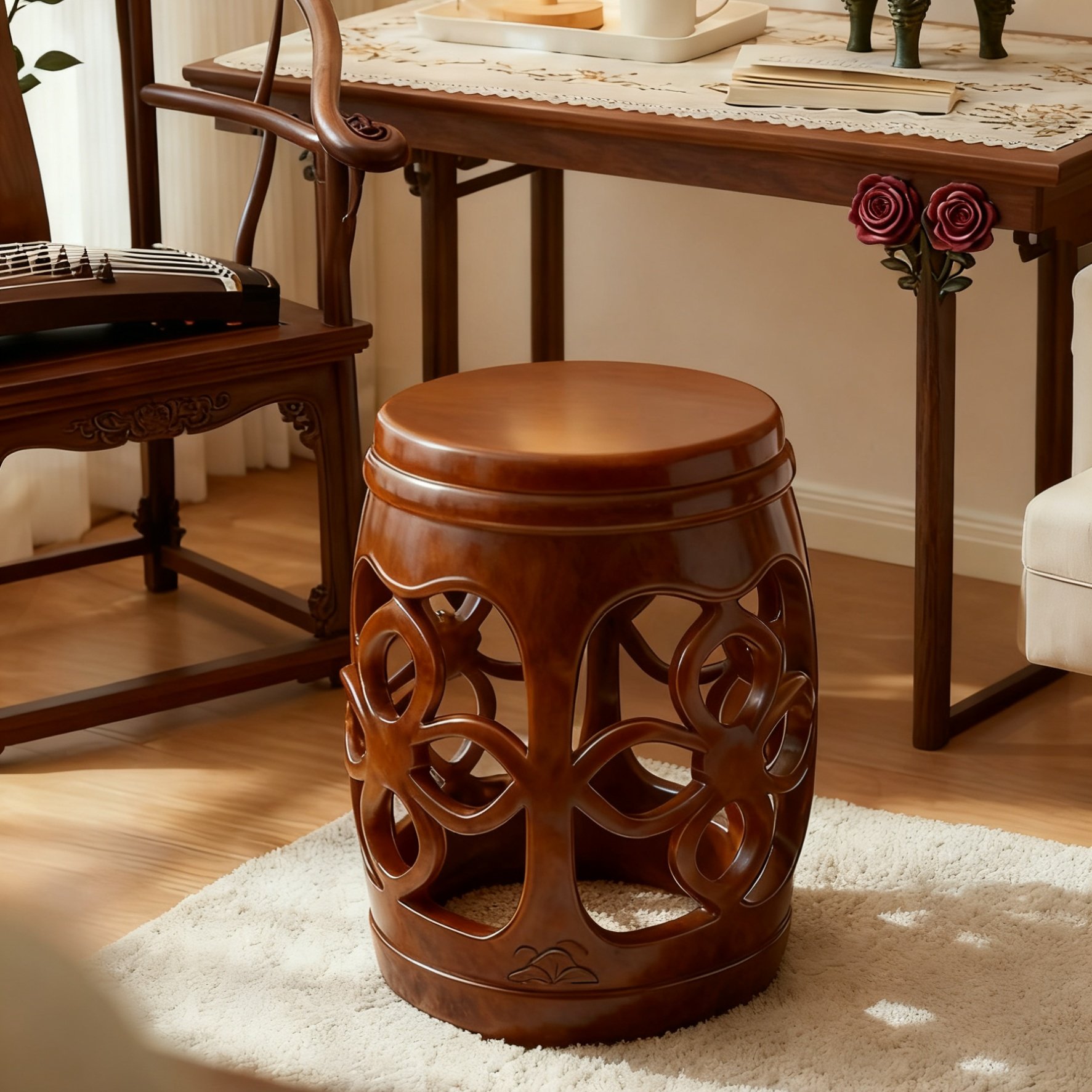 新中式古典镂空雕花鼓形凳实木圆凳红木家具休闲凳