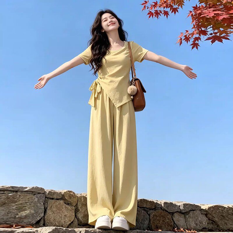 独特漂亮夏装一整套减龄多巴胺系带上衣阔腿裤休闲运动两件套装女