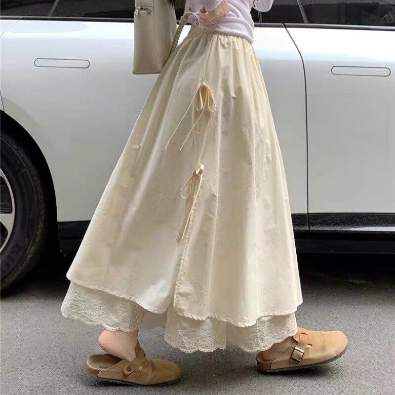 法式温柔风蕾丝拼接半身裙女高腰系带显瘦A字大摆长裙百搭仙女裙