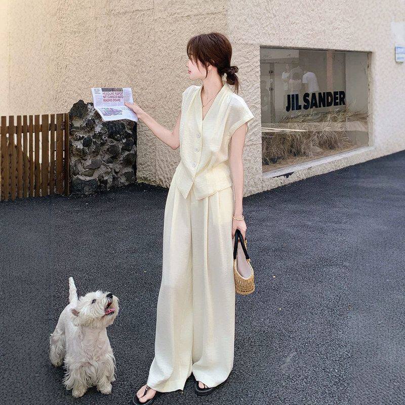 大码胖mm夏装穿搭一整套减龄女夏季法式名媛马甲阔腿裤套装两件套