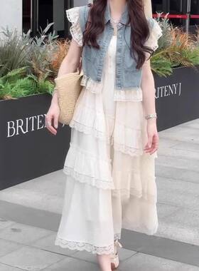 盐系轻熟风两件套女2026夏季新款蕾丝拼接牛仔马甲吊带连衣裙套装