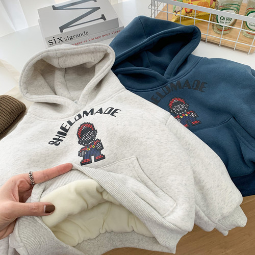 冬季小男童卡通加绒加厚连帽卫衣