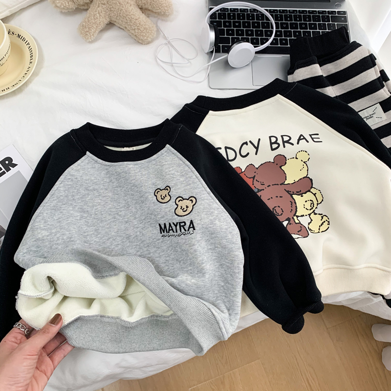 男女童加绒卫衣秋冬儿童卡通套头一体绒卫衣2025新款宝宝纯棉上衣