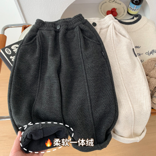 儿童人字纹弹力柔软呢子长裤 子2025新款 秋冬百搭裤 男童加绒休闲裤