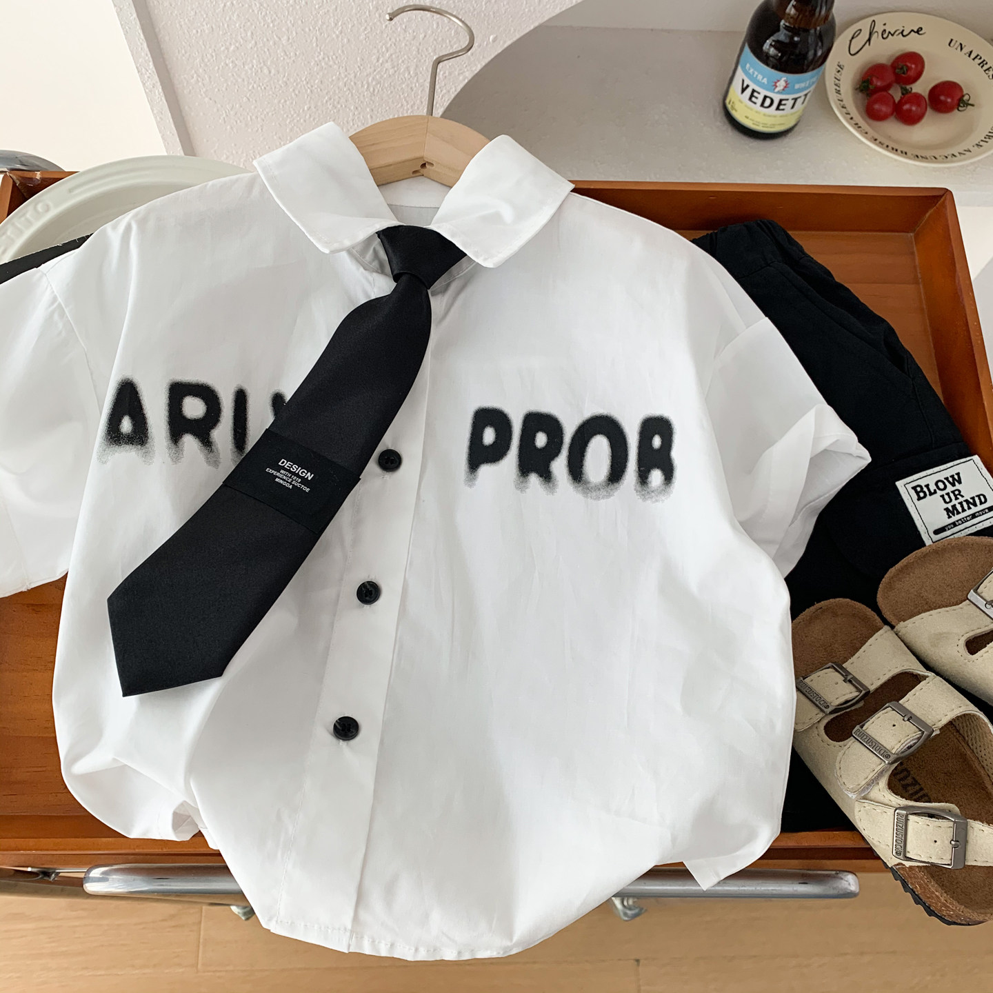 男童纯棉短袖衬衫2026夏季新款中小男孩白色领带衬衣六一表演服潮