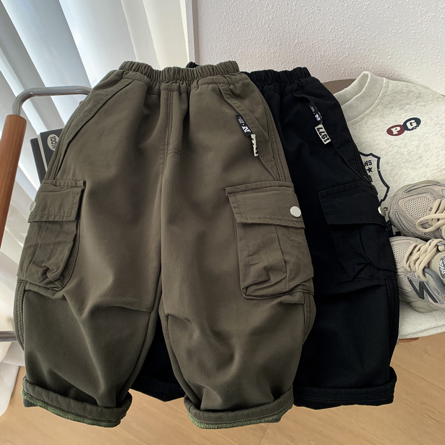 男孩加绒棉布工装裤帅气男童冬季一体绒休闲裤儿童韩版宽松直筒裤