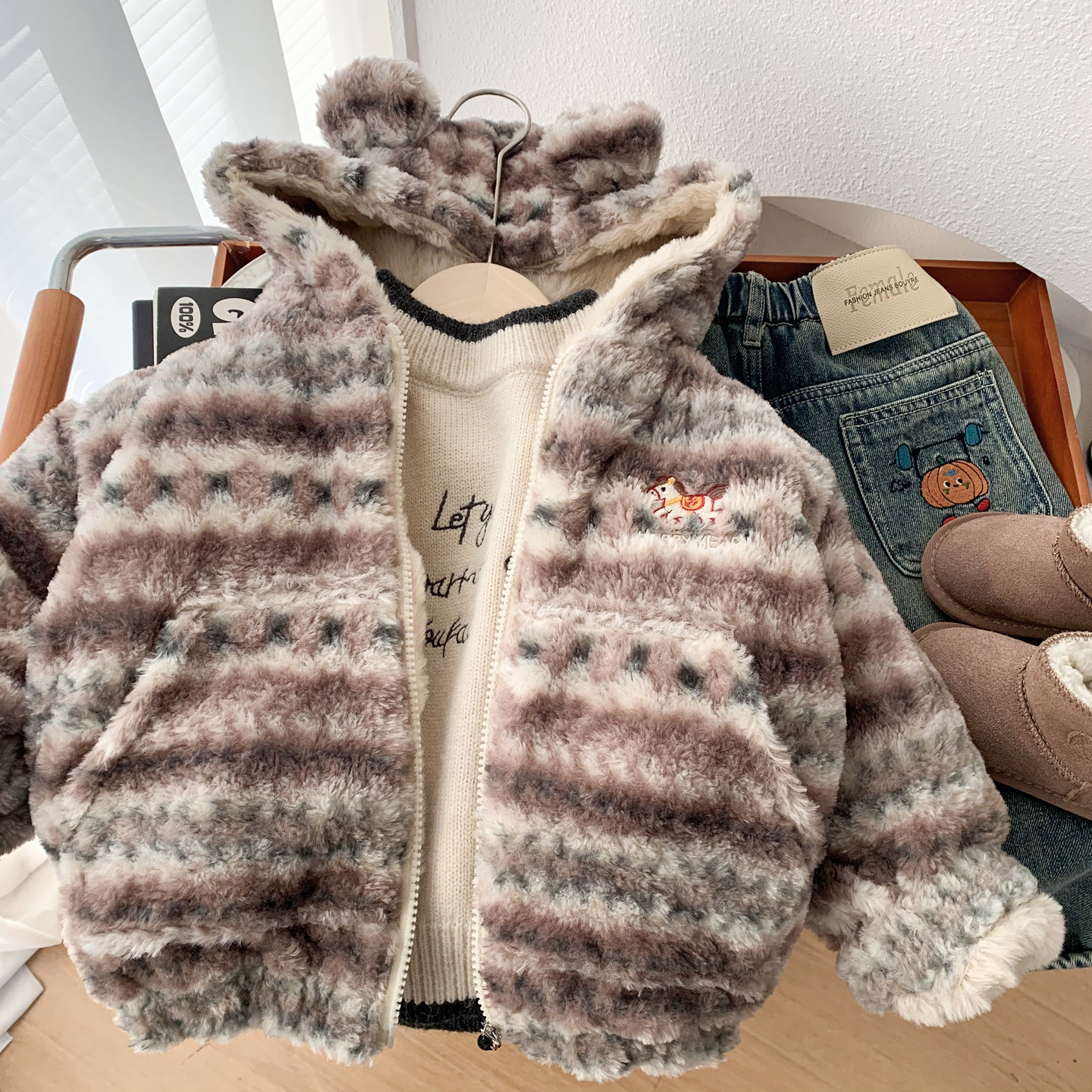 男女童冬季外套2025新款儿童加绒加厚保暖毛毛衣中小童洋气夹克衫