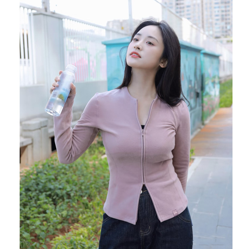 沈月宋祖儿同款粉色摇粒绒打底衫女春短款双拉链修身德绒长袖上衣