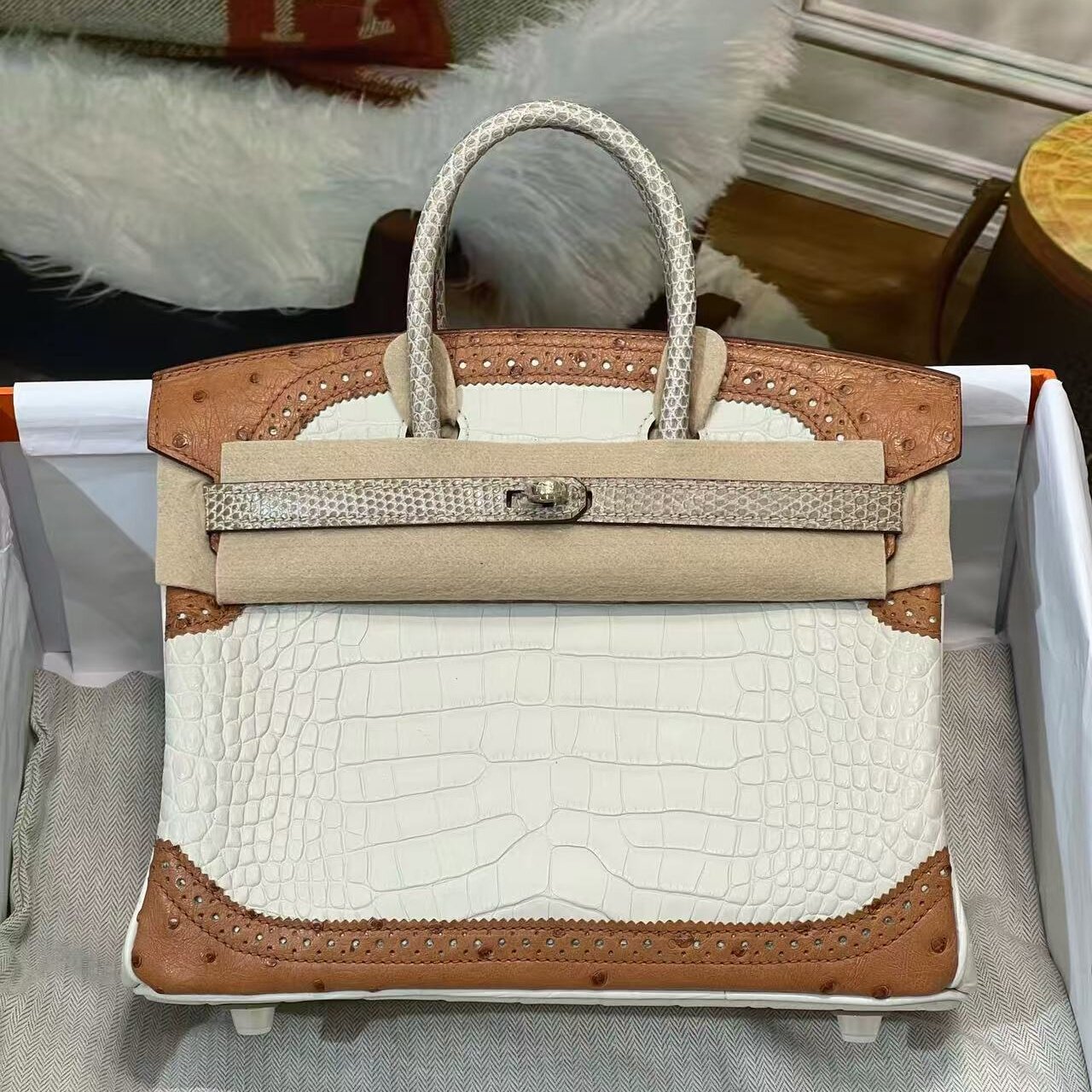 蕾丝款铂金包25雾面美洲鳄鱼皮拼色撞色女包纯手工稀有皮定制带锁