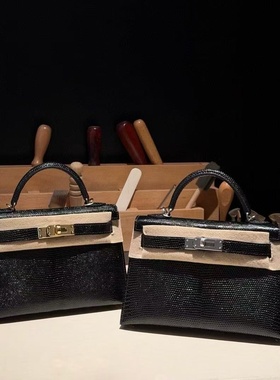 进口蜥蜴皮女包黑色银扣迷你mini凯莉二代女士单肩斜挎小包手工包