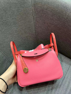 mini林迪进口swift皮配美洲鳄鱼皮金扣唇膏粉色斜挎包真皮手缝