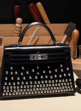 铆钉款BOX皮迷你mini凯莉二代女士单肩斜挎小包包黑色银扣手工缝