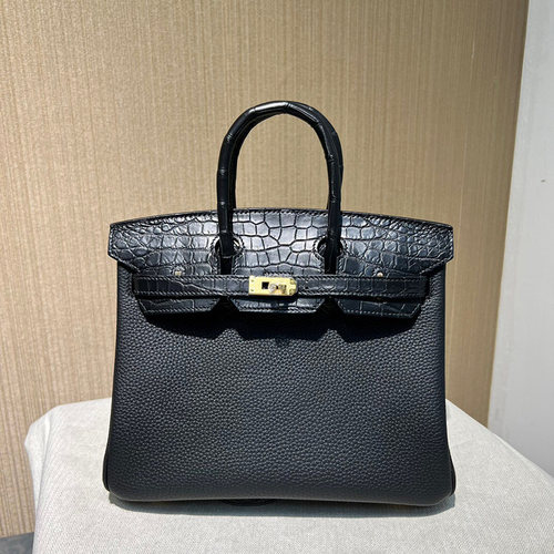 雾面鳄鱼皮拼togo皮BK铂金包25CM女士手提包金银扣带锁全手工缝H