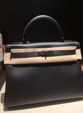 普皮BOX皮KL凯莉包32CM女士手提包全手工内缝男女通用黑色黑扣