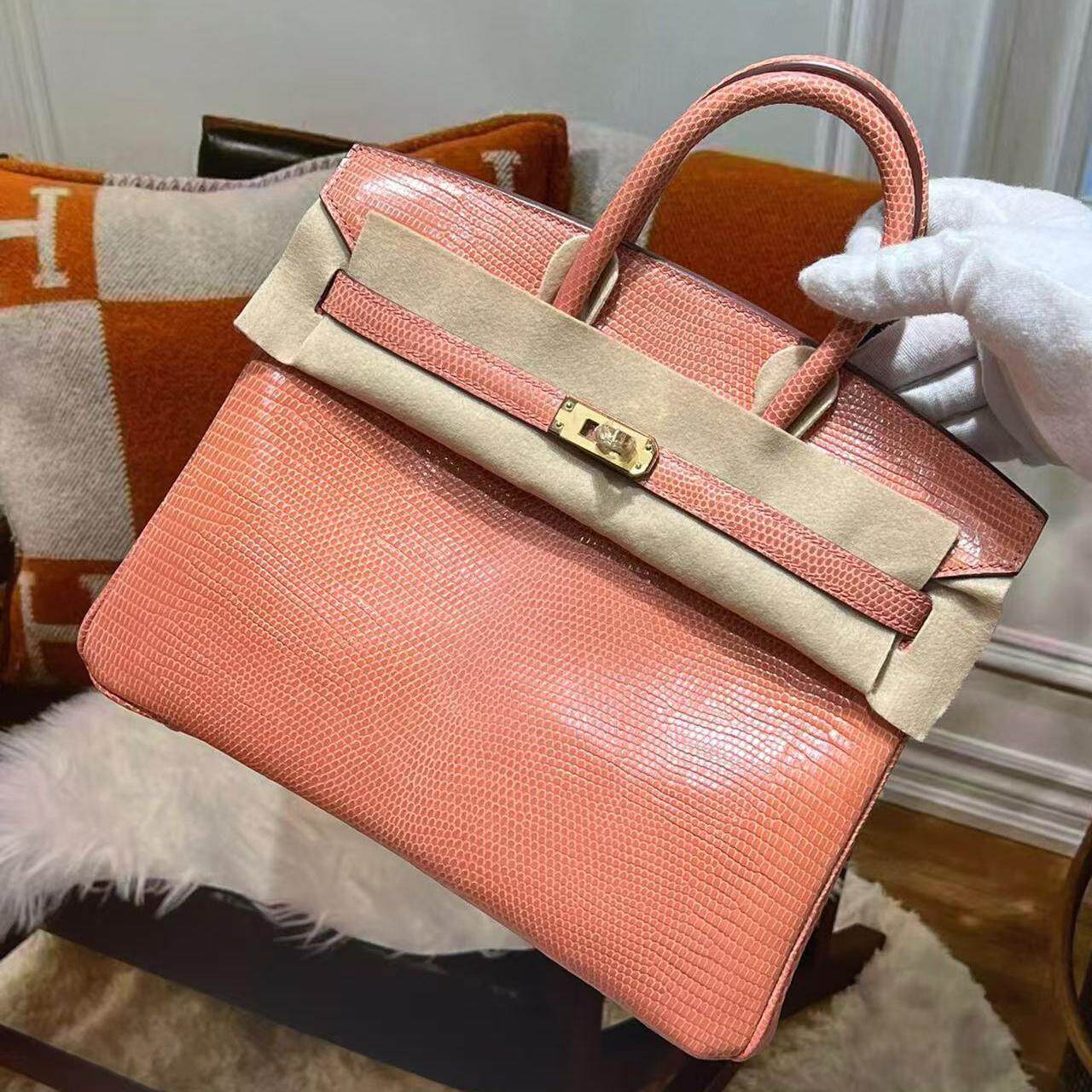 龙虾粉进口蜥蜴皮铂金包25CM女士手提包手工高端定制金扣带锁