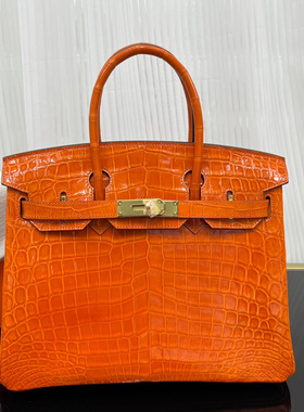 橙色高光亮面三张尼罗鳄鱼皮BK铂金包30CM女士手提包带锁金扣手工