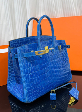 蓝色手工包高光尼罗三张鳄鱼皮BK铂金包女士手提带锁皮包亮面25CM