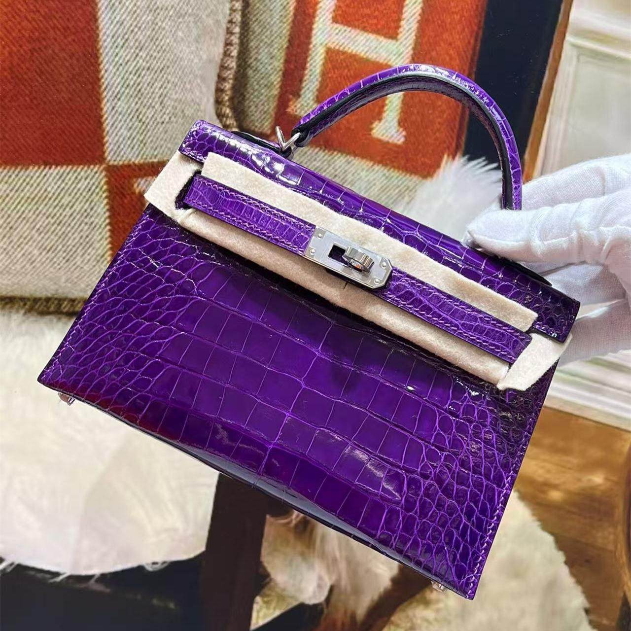 紫色高光方块美洲鳄鱼皮mini凯莉二代19Cm迷你包包女士全手工缝,箱包皮具/热销女包/男包,通用款女包,淘宝优惠券,粉丝福利购,淘宝优惠卷