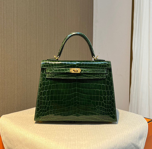 KL凯莉包25CM祖母绿女士手提包金扣手工缝H家高光尼罗鳄鱼皮亮面