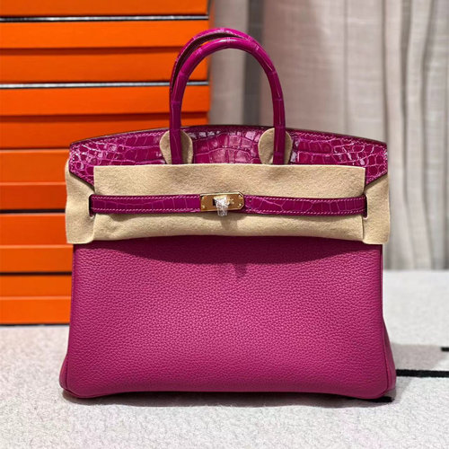 玫红色全手工缝鳄鱼皮带锁铂金包