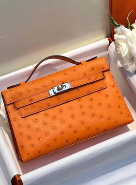 手工缝制KL凯丽包南非进口kk鸵鸟皮凯莉包一代手拿包橙色女士mini