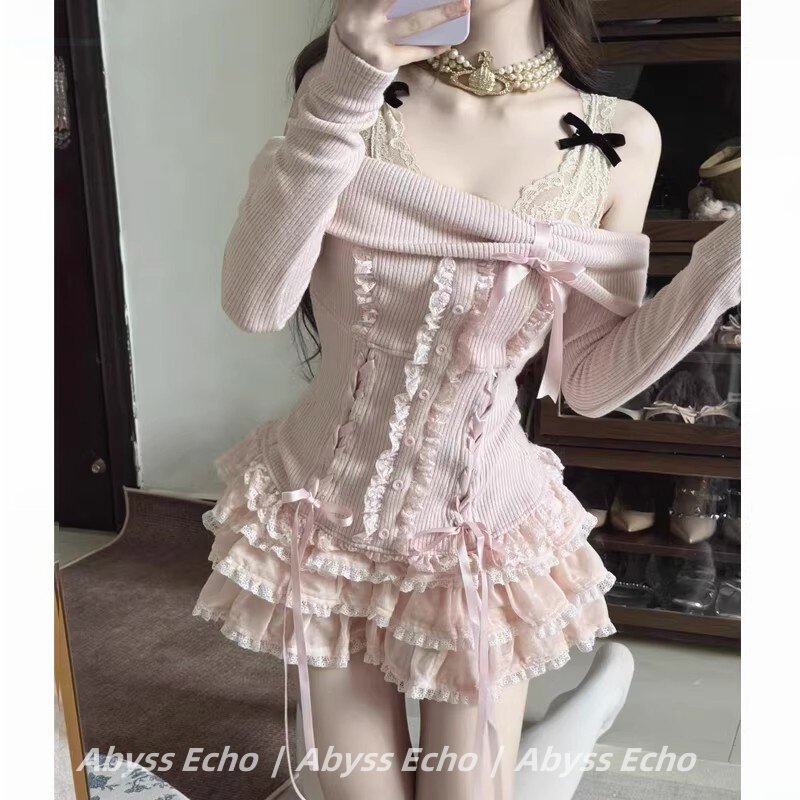 宅萌少女粉色甜妹纯欲风套装春长袖一字肩针织上衣蛋糕短裙两件套