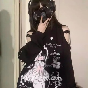 亚文化萌亚天使印花卫衣春季二次元连帽漏肩猫耳朵设计上衣女y2k