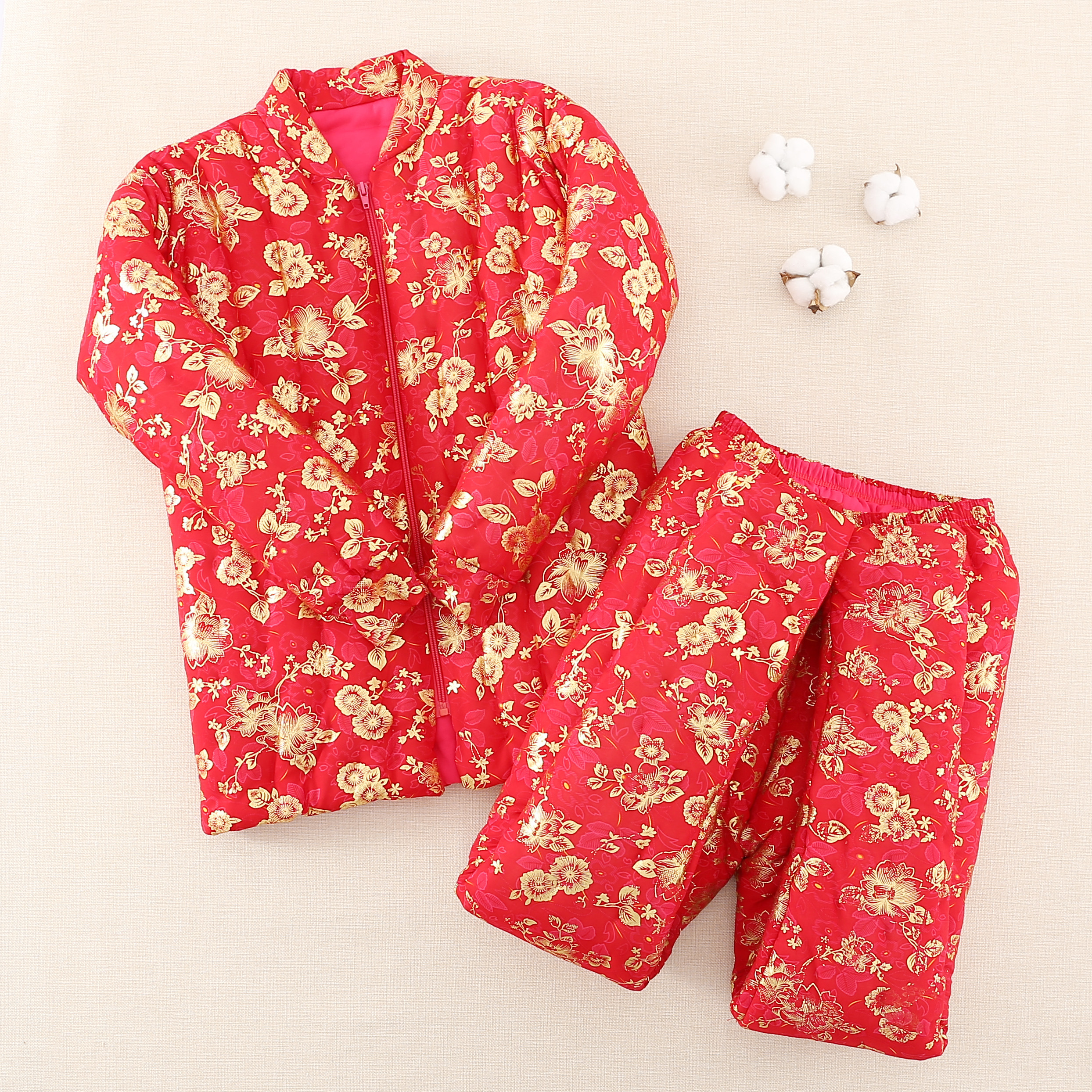 纯棉花棉衣棉裤女套装冬季夹棉棉服成人加厚修身保暖新娘结婚棉袄