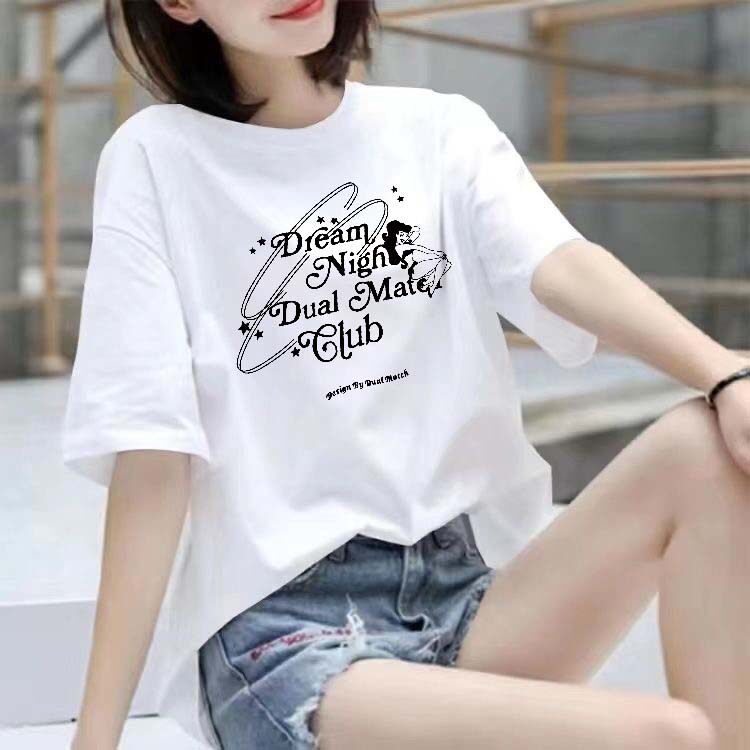 新款100%纯棉短袖t恤女夏季学生宽松中长款个性印花圆领潮流上衣