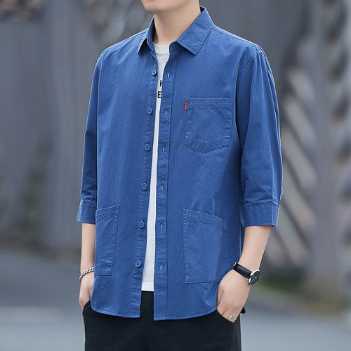 法娅茜方领七分袖休闲纯棉衬衫