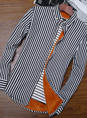 男士秋冬新款加绒加厚长袖青年长袖条纹衬衫薄款修身休闲男衬衣潮