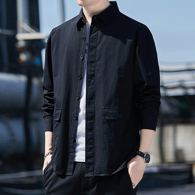 纯棉新款上班休闲纯色宽松七分袖衬衫男长袖短袖青年牛仔潮牌外套