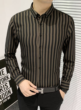 秋季新款男士长袖条纹衬衫潮流青少年帅气时尚爸爸外搭衬衣外套寸