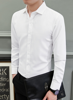 2020春季新款男士长袖白色衬衫商务休闲修身纯色工装职业工作衬衣
