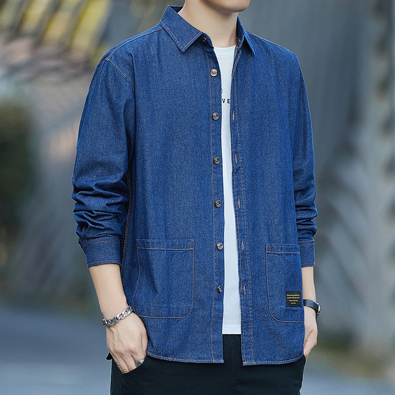 春夏秋季新款牛仔服纯棉衬衫男长袖休闲上班电焊服外套教练服纯色