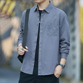 水洗纯色青年中年外套男装 春夏秋薄款 商务休闲工装 男长袖 纯棉衬衫