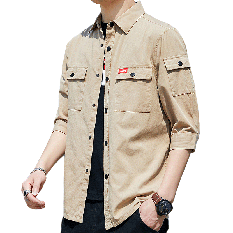 纯棉衬衫男七分袖长袖短袖全棉工装纯色宽松五分衬衣上班工作服潮