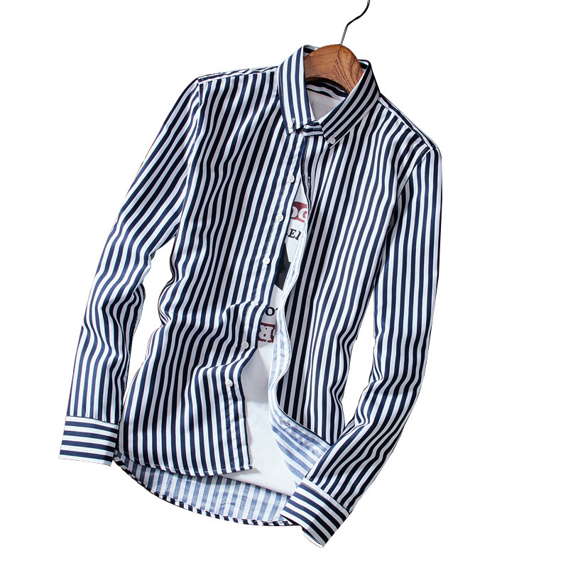 2018春季新款青少年男士长袖衬衫条纹修身打底学生发型师衬衣