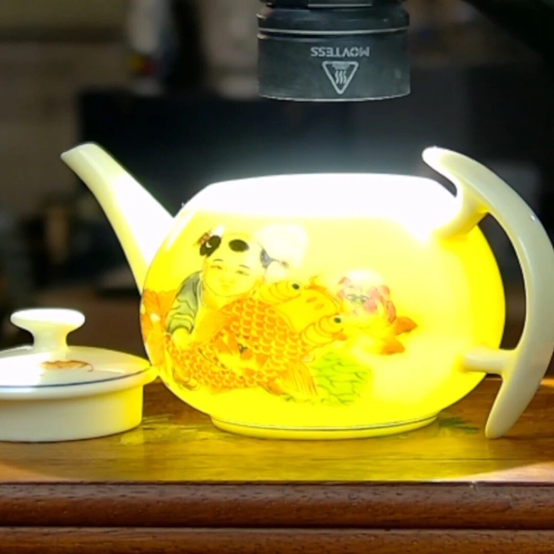 景德镇陶瓷黄稀土粉彩手绘童子抱鱼泡茶壶茶具茶壶手把壶茶具图片