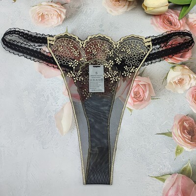 新创意黑金纯黑透视黑网纱刺绣无裆适用于约会娱乐