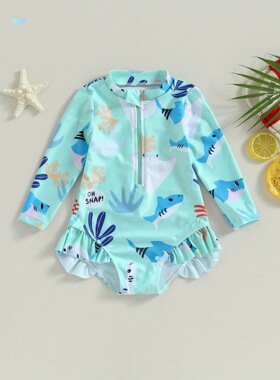Kids Girls Bikini Long Sleeve Swimsuit Stand Collar Sea