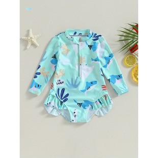 Kids Girls Bikini Long Sleeve Swimsuit Stand Collar Sea