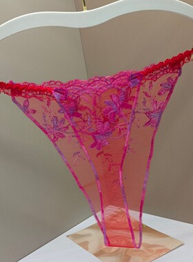 新款花纹刺绣三色网纱拼色性感透视女士无裆蕾丝花边t字裤